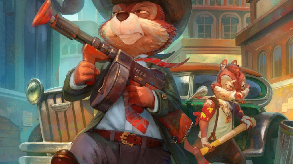 Chip and Dale Rescue Rangers dressed as vintage detectives in vibrant city wallpaper background