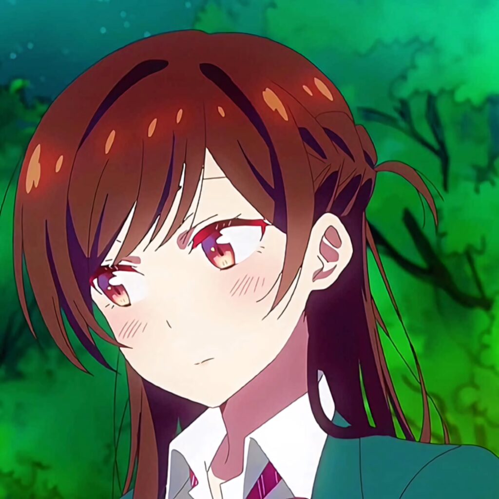 Chizuru Maihara anime character with expressive eyes in lush green forest vibrant detailed wallpaper background
