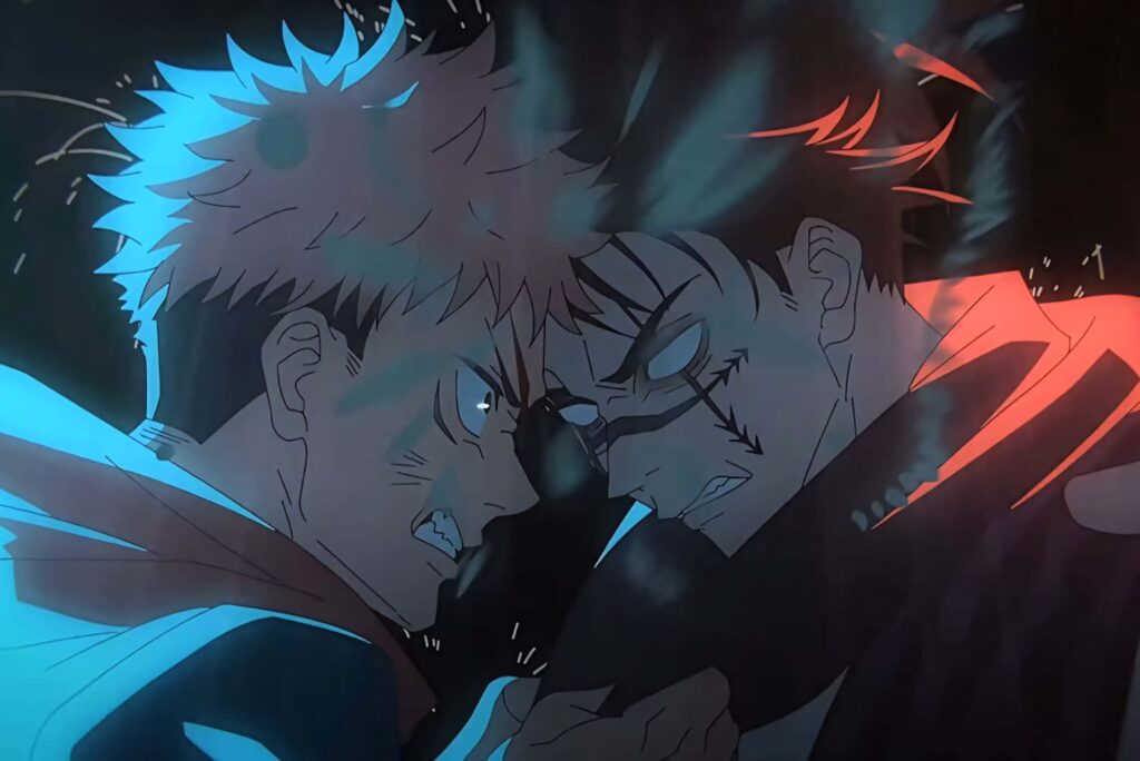 Choso and Yuji Itadori intense anime face off with blue and red lighting Jujutsu Kaisen wallpaper