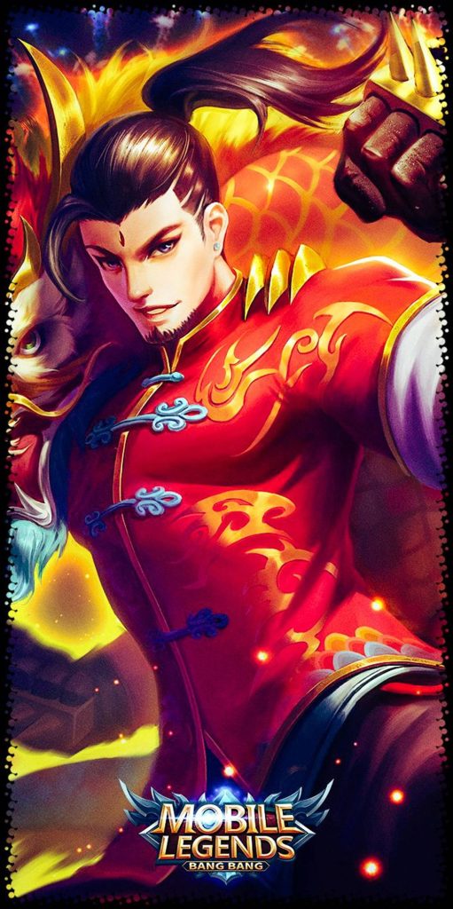 Chou Mobile Legends Dragon Boy skin vibrant red gold martial arts fiery digital art wallpaper