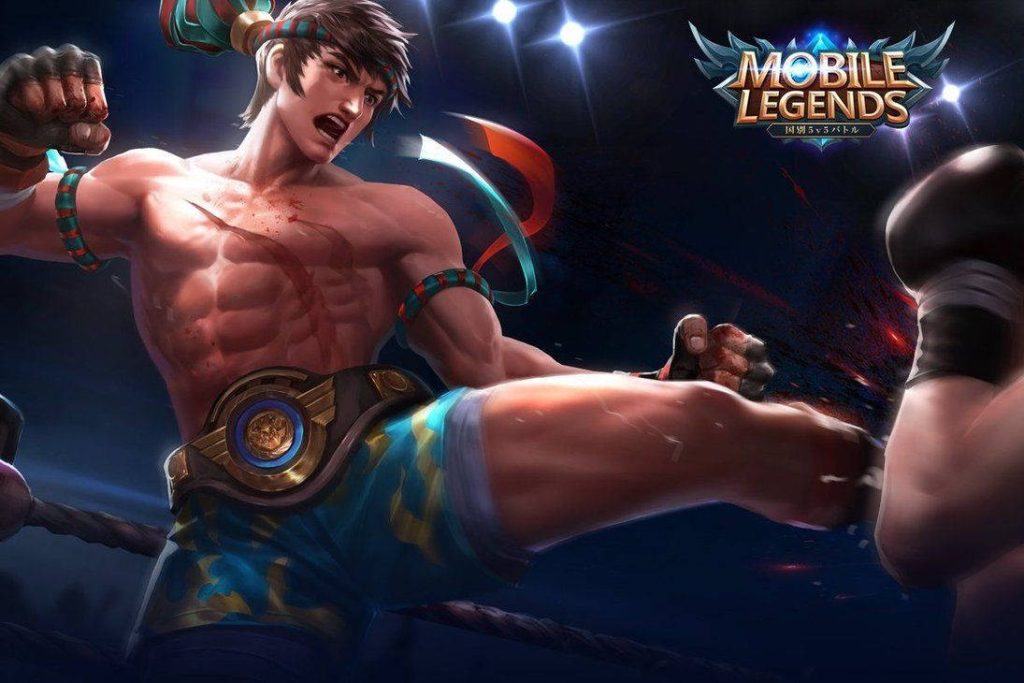Mobile Legends Chou Muay Thai skin delivering powerful kick dynamic stadium wallpaper background