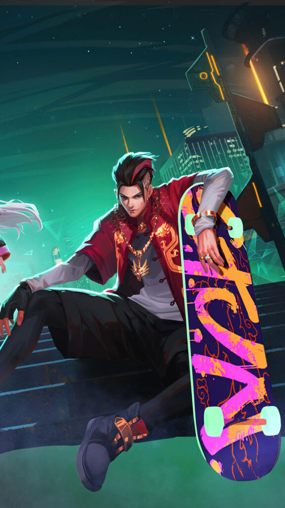 Chou S.t.u.n on a Colourful Skateboard: A Dynamic Mobile Legend Wallpaper