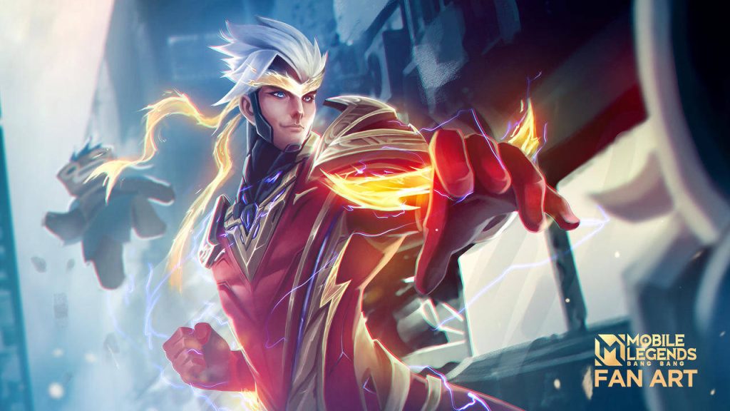 Chou Thunder Fist Mobile Legends wallpaper vibrant electric energy red gold armor illustration