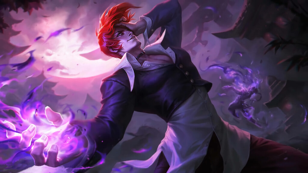 Mobile Legends Chou KOF skin Iori Yagami purple flames moonlit dark background wallpaper