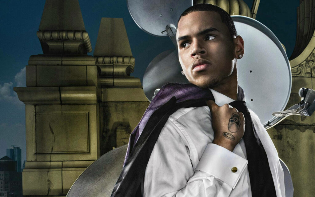Chris Brown digital cover wallpaper sharp white shirt dark tie jacket rooftop urban backdrop