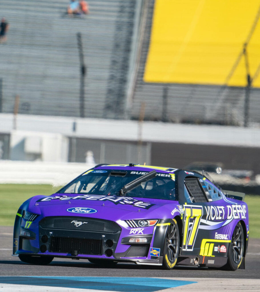 Chris Buescher purple race car speeding on track vibrant bold design dynamic racing wallpaper
