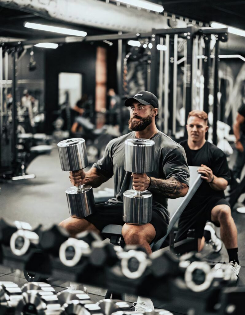 Chris Bumstead focused lifting large silver dumbbells in modern gym showing muscular strength Wallpaper