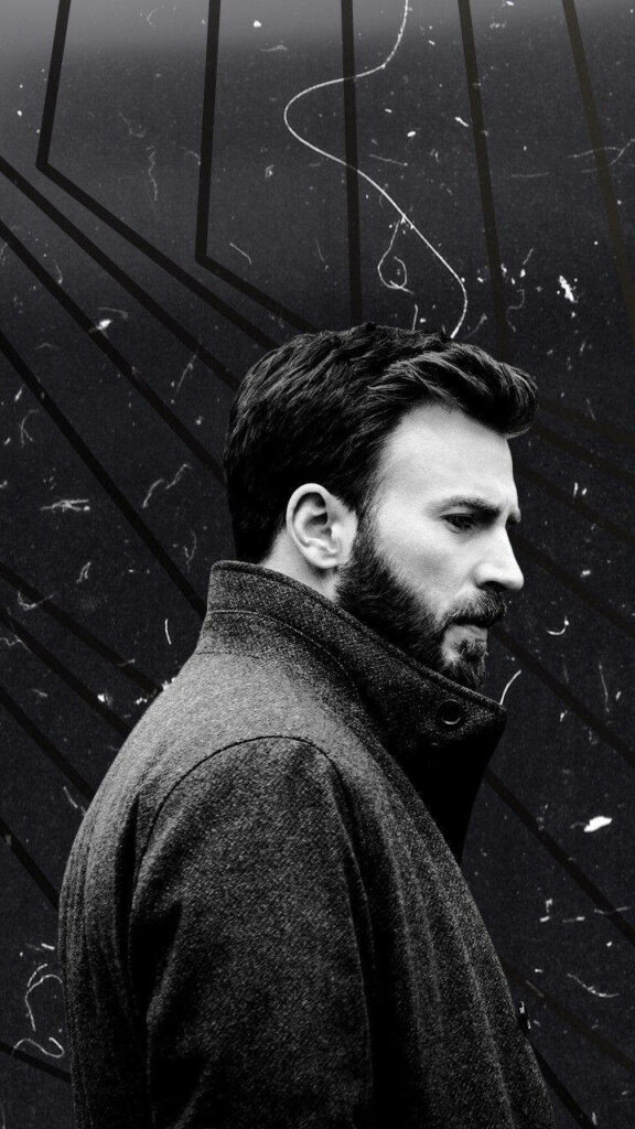 Black and white side profile of Chris Evans with geometric abstract textured wallpaper background