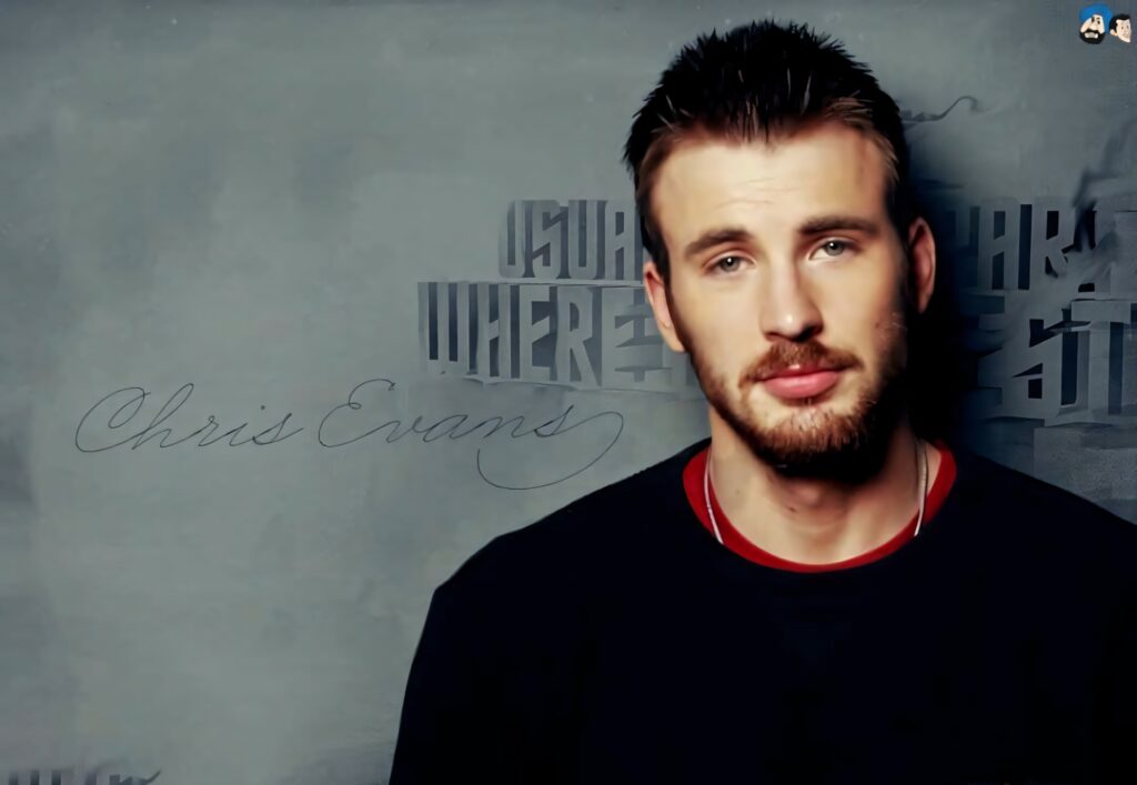 Chris Evans wallpaper with soft natural light gray background and elegant scripted name text