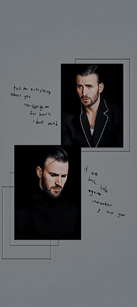 Minimalist Chris Evans wallpaper with dual portraits sleek black theme and handwritten text overlay