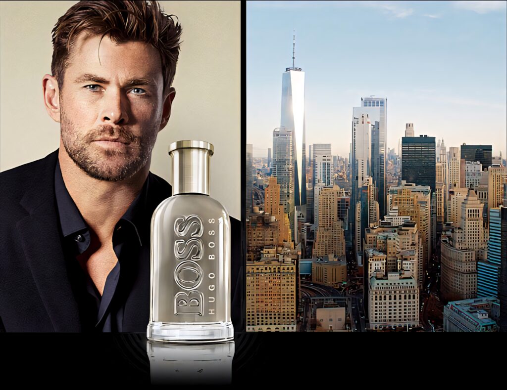 Chris Hemsworth Hugo Boss fragrance ad with city skyline and iconic bottle in foreground wallpaper