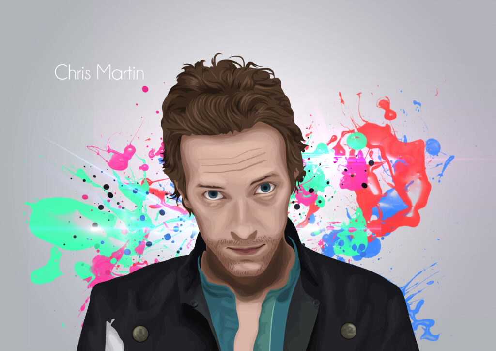 Chris Martin Coldplay digital portrait wallpaper with colorful pink green blue splatters on gray