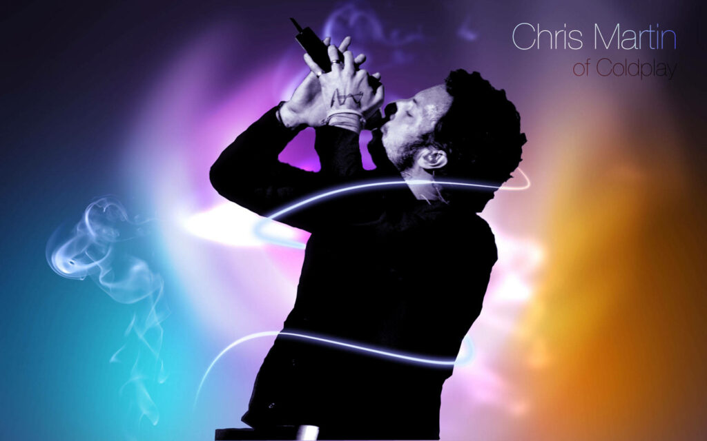 Chris Martin Coldplay performing vibrant purple neon light streaks smoky digital art wallpaper background