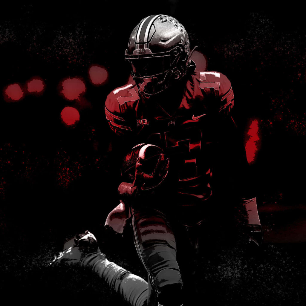 Chris Olave dynamic football pose red highlights black background intense vibrant wallpaper