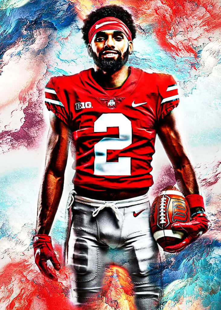 Chris Olave football wallpaper vibrant red blue abstract background dynamic athletic pose