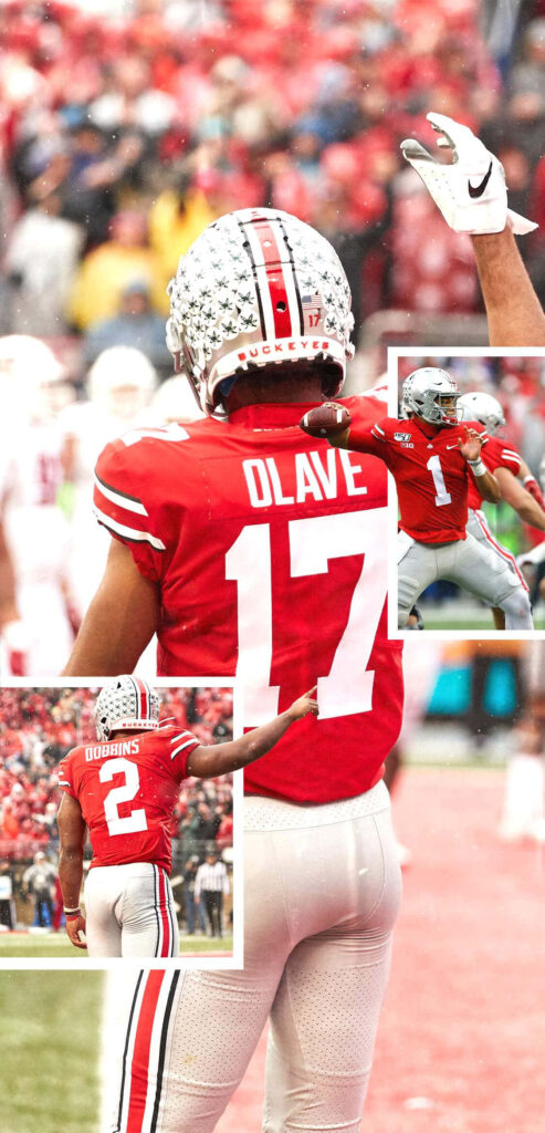 Chris Olave Ohio State football action collage with vibrant stadium and bold red uniform Wallpaper