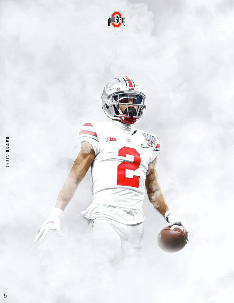 Chris Olave in Ohio State football uniform with dramatic smoke and vibrant team colors wallpaper