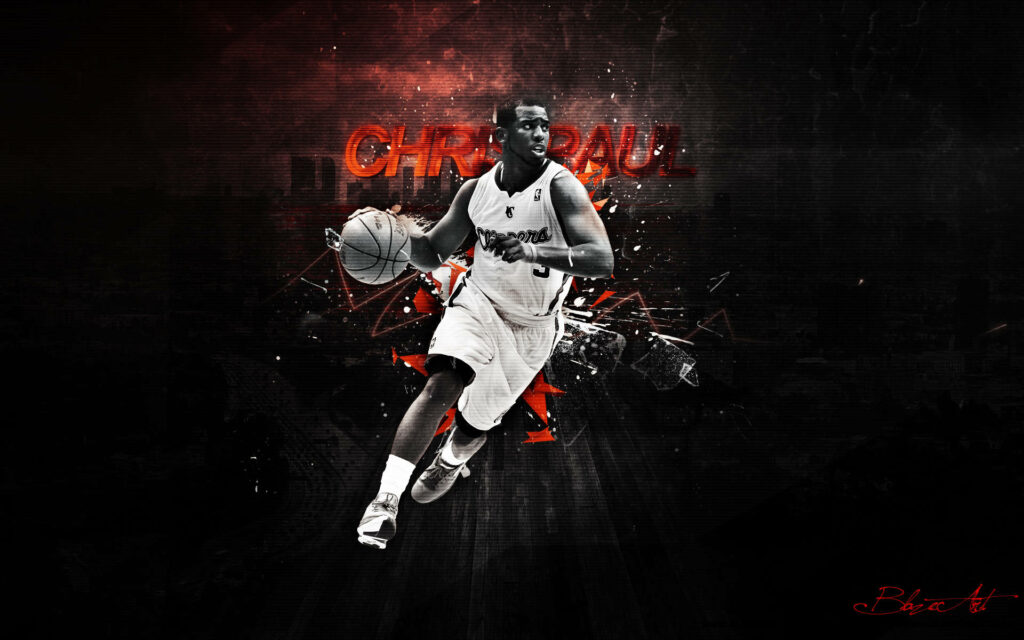 Chris Paul dynamic basketball wallpaper with red white splatter effects and dramatic lighting