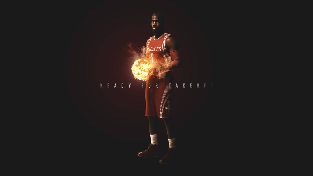 Chris Paul Houston Rockets basketball wallpaper with fiery ball dark background Ready for Takeoff text