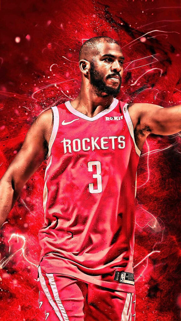 Chris Paul in red Houston Rockets jersey with vibrant red abstract background NBA wallpaper