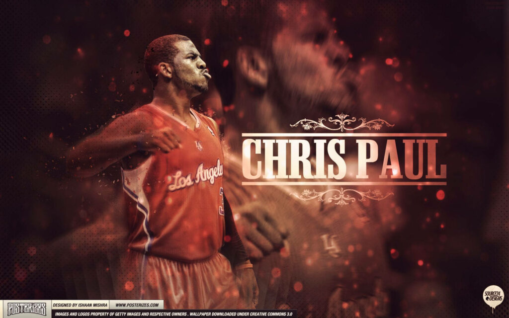 Chris Paul in red LA Clippers jersey with dynamic lighting and bold text basketball wallpaper