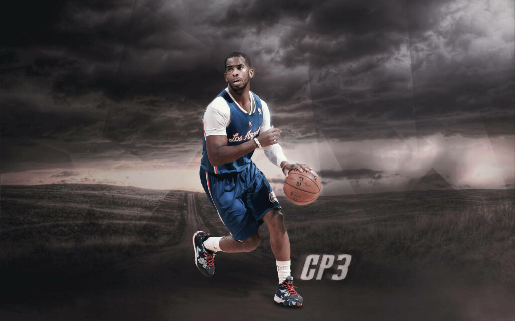 Chris Paul dribbling basketball in Los Angeles Clippers uniform with dramatic cloudy background Wallpaper