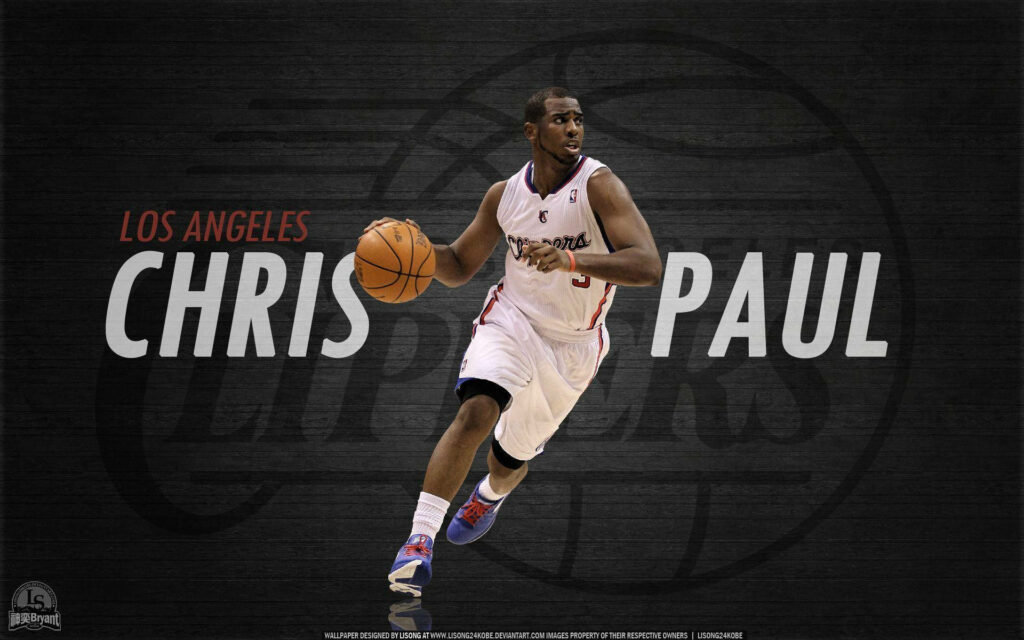 Chris Paul dribbling basketball in Los Angeles Clippers uniform on textured black background Wallpaper