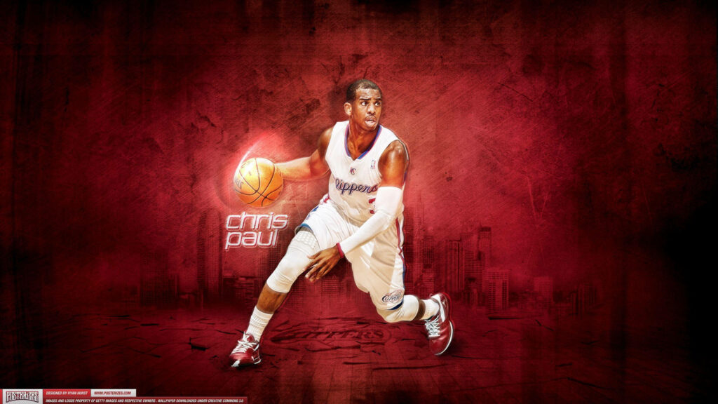 Chris Paul dribbling basketball in Los Angeles Clippers uniform red textured background wallpaper