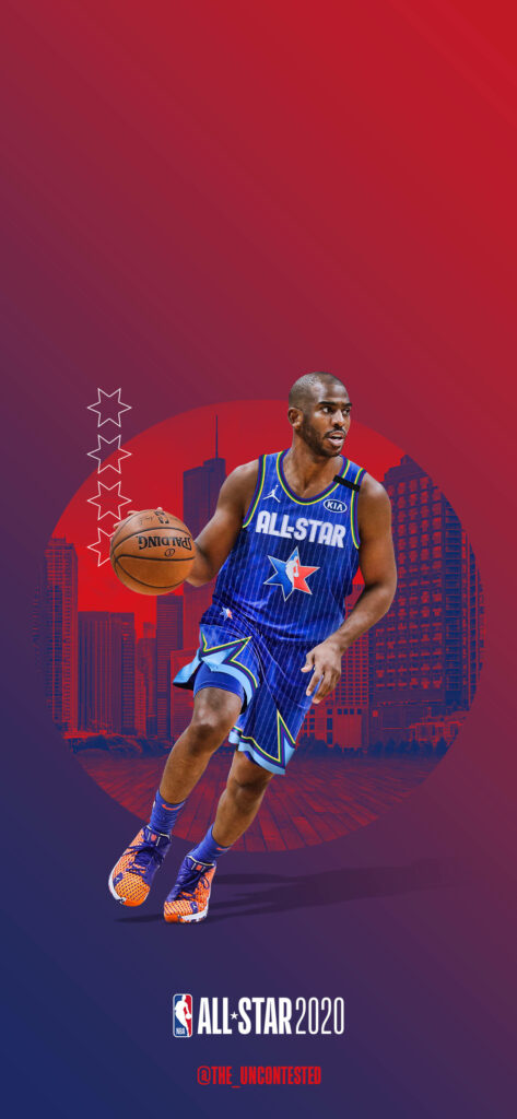 Chris Paul dribbling basketball in 2020 NBA All-Star jersey red blue cityscape wallpaper background