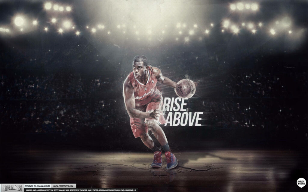 Chris Paul NBA veteran point guard dribbling on spotlight court with Rise Above bold text background Wallpaper