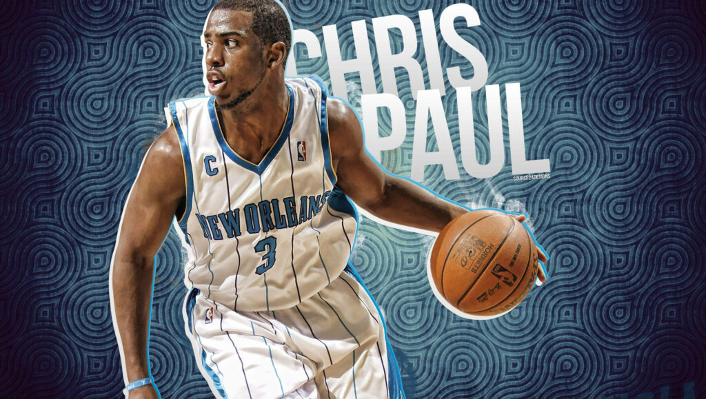 Chris Paul in New Orleans jersey dribbling basketball with intense action on blue patterned background Wallpaper