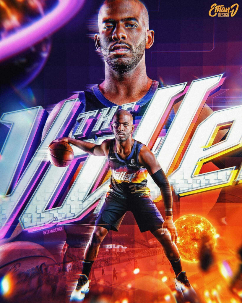 Chris Paul Phoenix Suns wallpaper vibrant purple orange cosmic basketball dynamic action design