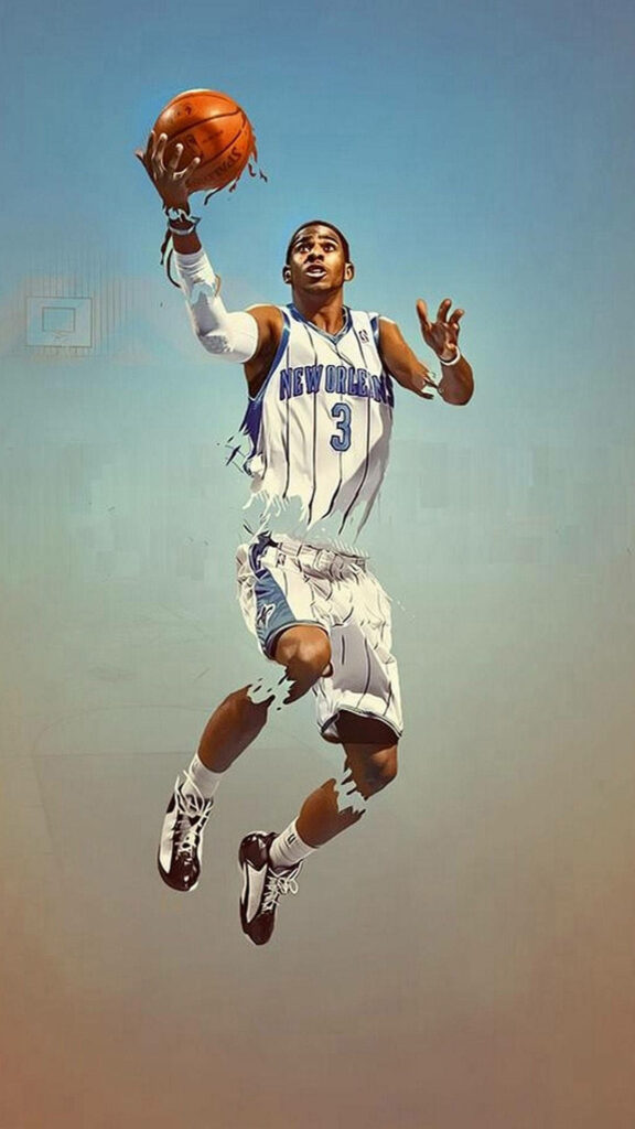 Chris Paul in New Orleans Hornets jersey soaring for layup on blue gradient dynamic basketball wallpaper