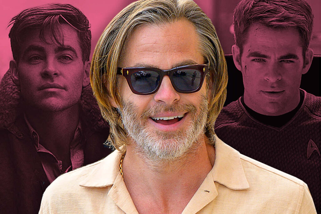 Chris Pine portrait with sunglasses smiling vibrant pink background cinematic collage wallpaper