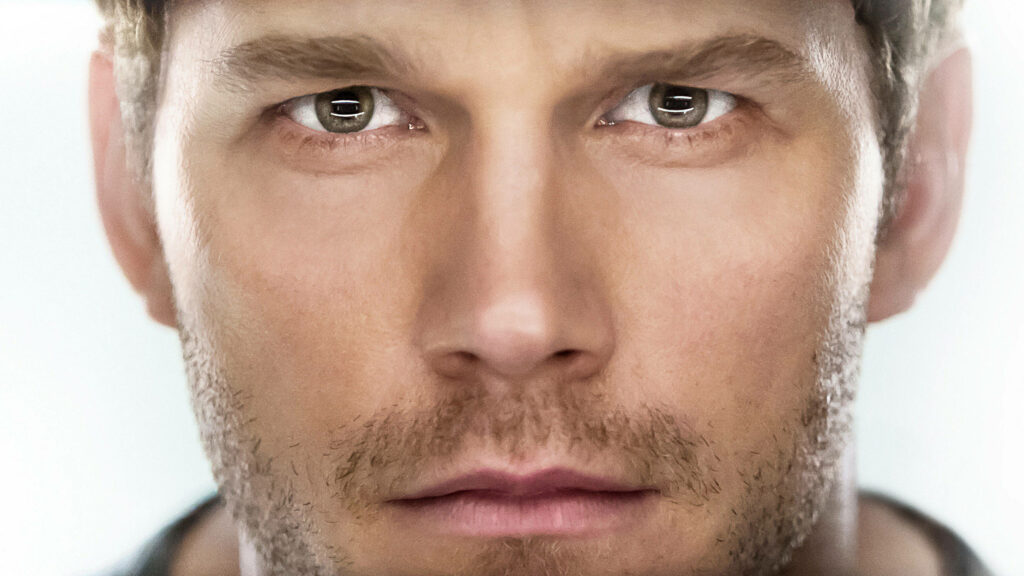 Chris Pratt intense close-up from Passengers movie sci-fi wallpaper with cool dramatic lighting