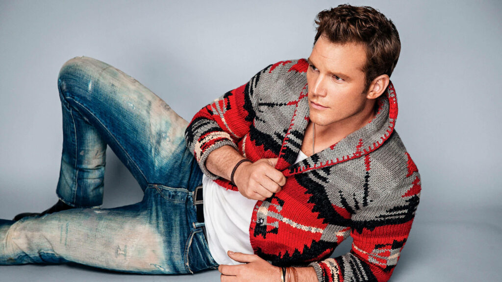 Chris Pratt stylish wallpaper reclining grey background red patterned jacket white shirt jeans