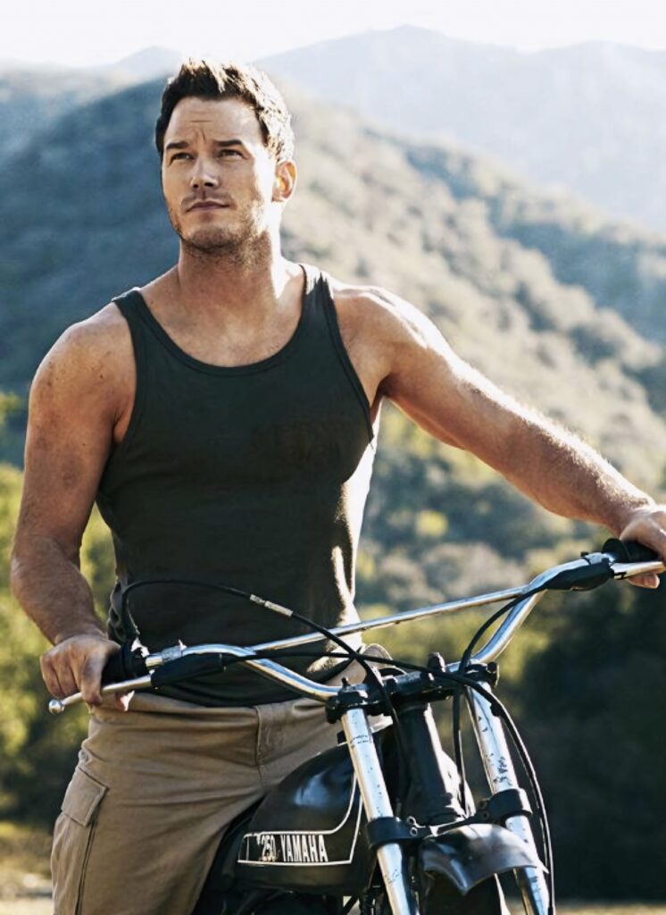 Chris Pratt with Yamaha motorcycle scenic mountains rugged outdoor adventure wallpaper background