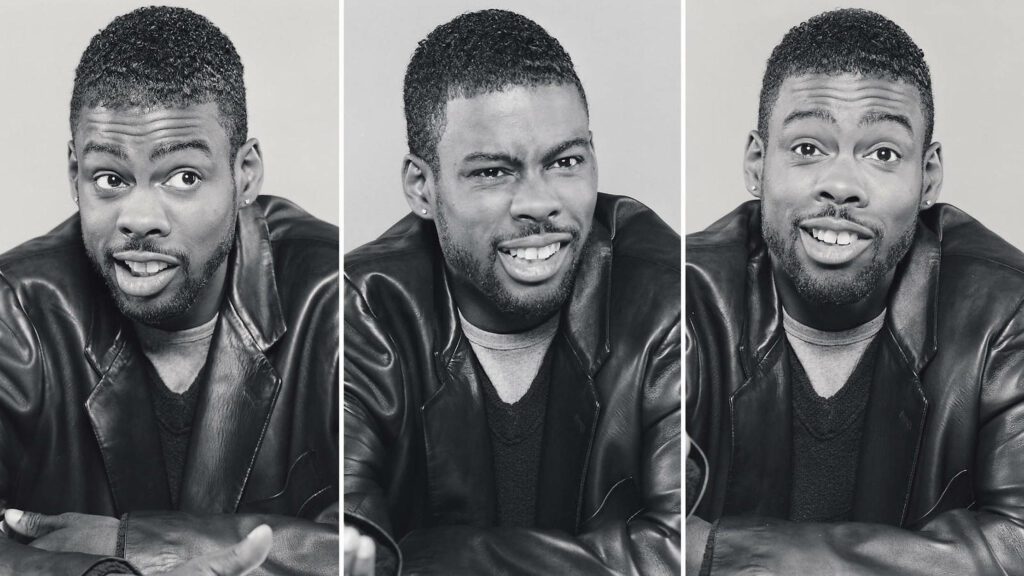 Chris Rock black and white triptych wallpaper showing expressive comedic facial gestures and style