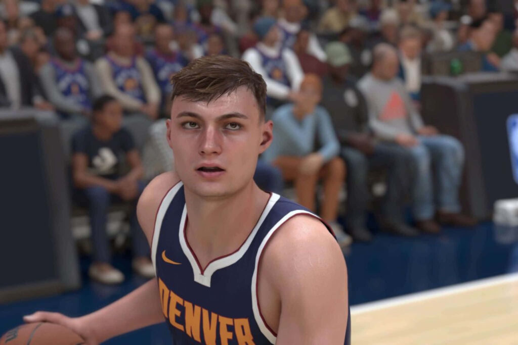 Christian Braun Denver basketball player mid-game vibrant colors detailed crowd dynamic wallpaper