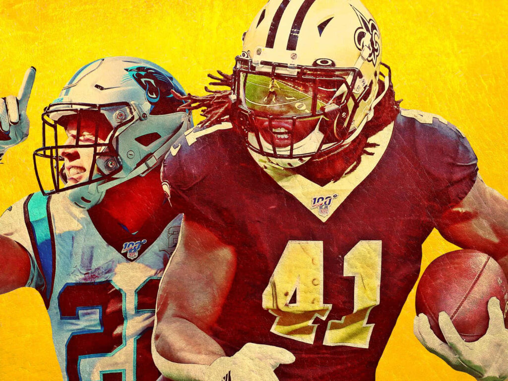 Christian McCaffrey dynamic action pose vibrant wallpaper yellow background textured style