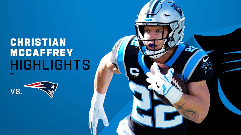 Christian McCaffrey running in Panthers uniform dynamic wallpaper with bold blue NFL background
