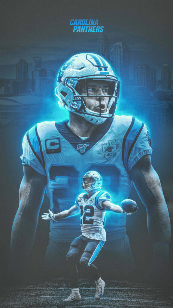 Christian McCaffrey Carolina Panthers dynamic wallpaper blue tones intense athletic pose cityscape background