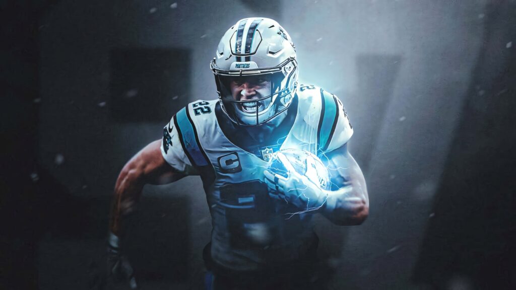 Christian McCaffrey Panthers uniform sprinting football glowing field dynamic wallpaper background