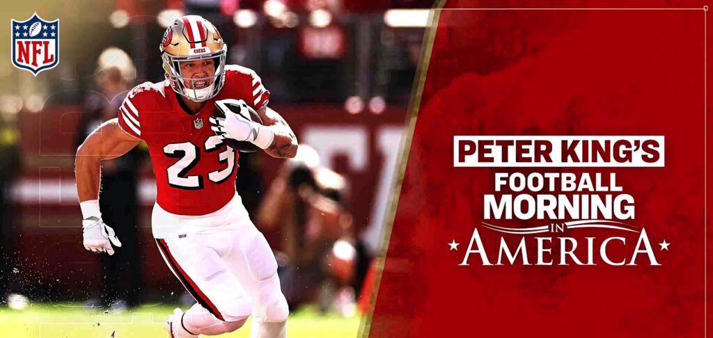 Christian McCaffrey in red and gold 49ers uniform running on field with NFL logo background wallpaper