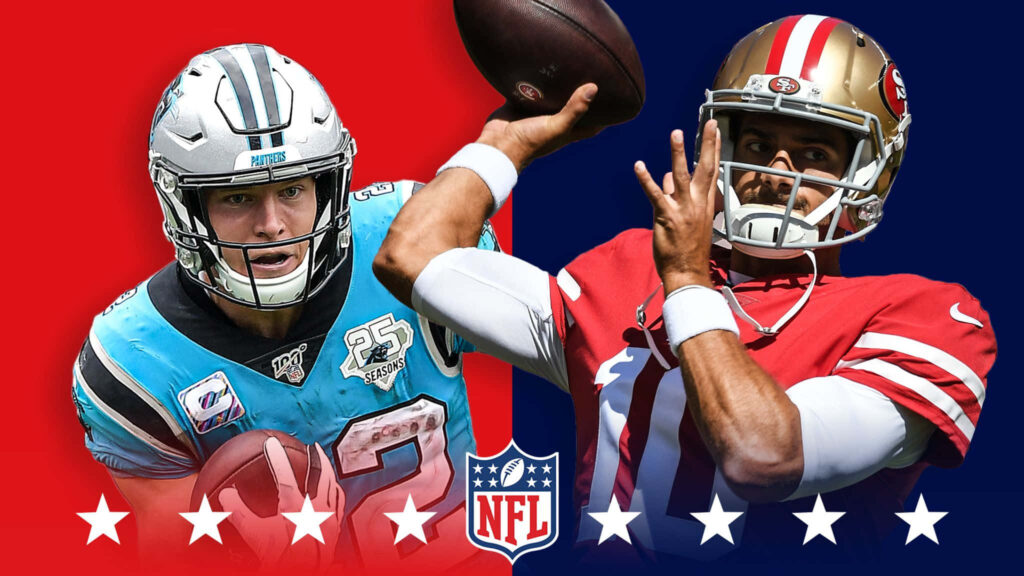 Christian McCaffrey Panthers vs Jimmy Garoppolo 49ers NFL rivalry wallpaper background