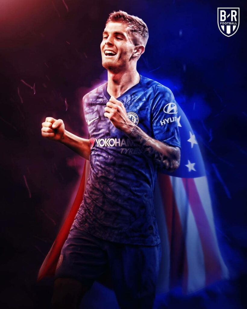Christian Pulisic Chelsea kit celebrating with American flag background superhero style wallpaper