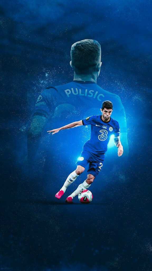 Christian Pulisic Chelsea soccer wallpaper dribbling ball cosmic blue background motion energy