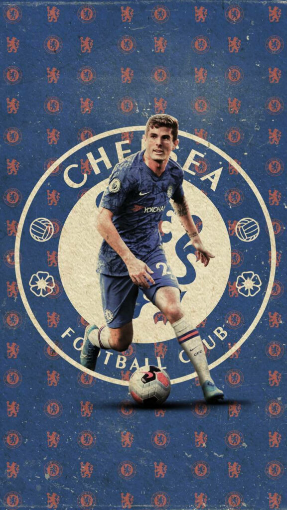Christian Pulisic in Chelsea kit skillfully controls ball on textured blue background with Chelsea logo Wallpaper