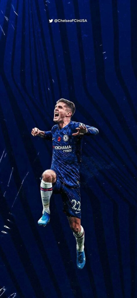 Christian Pulisic mid-leap in Chelsea kit dynamic wallpaper blue abstract background athleticism