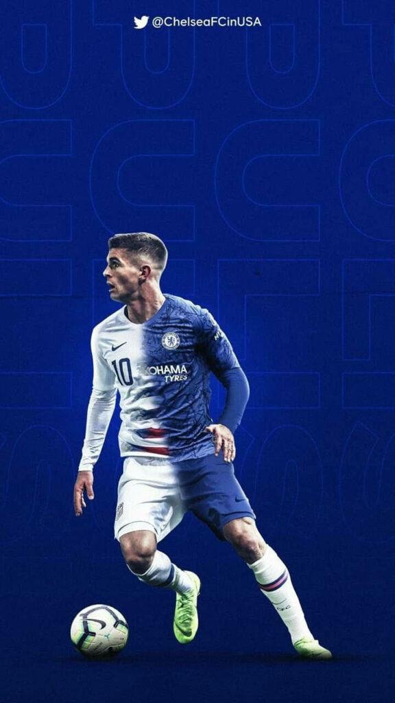 Christian Pulisic Chelsea wallpaper skillfully controlling soccer ball dynamic blue background